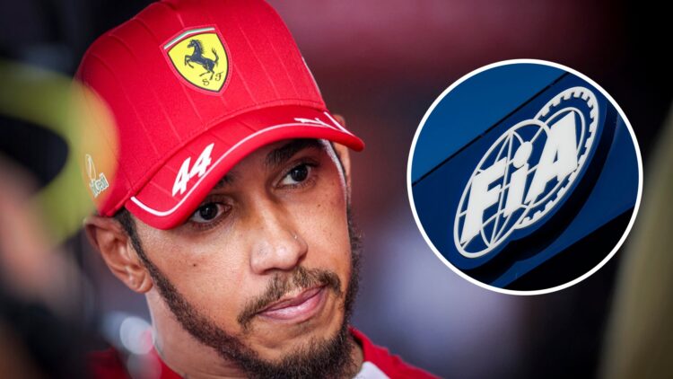 Lewis Hamilton of Ferrari speaks in an interview; inset of the FIA logo