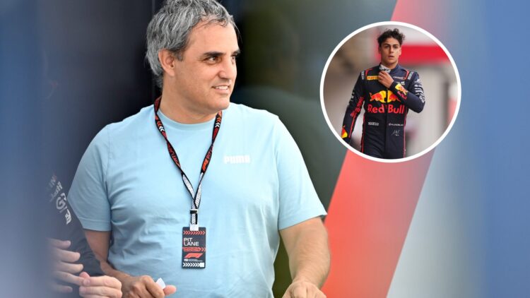 Juan Pablo Montoya in the F1 pit lane during a session, with Arvid Lindblad walking through the pit lane in the overlay image
