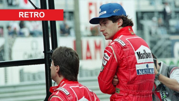 Ayrton Senna and McLaren teammate Michael Andretti look on; image labelled 'retro'