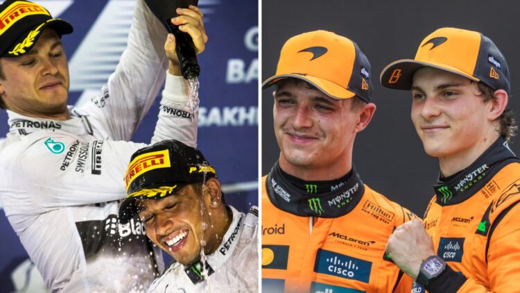 Left: Nico Rosberg and Lewis Hamilton celebrate after the 2014 Bahrain Grand Prix. Right: Lando Norris and Oscar Piastri smile after the 2025 Spani...