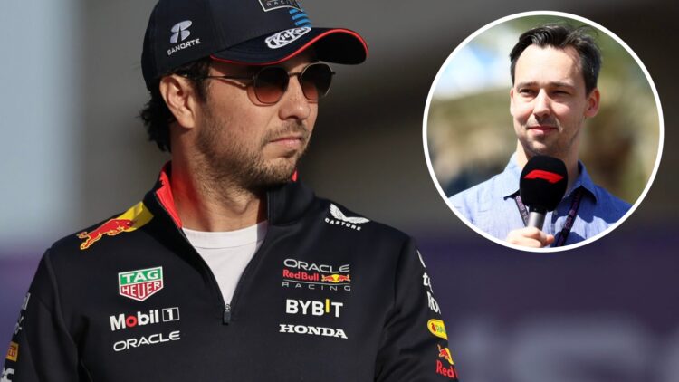 Sergio Perez in the 2024 F1 Qatar Grand Prix paddock with an inset of Alex Jacques