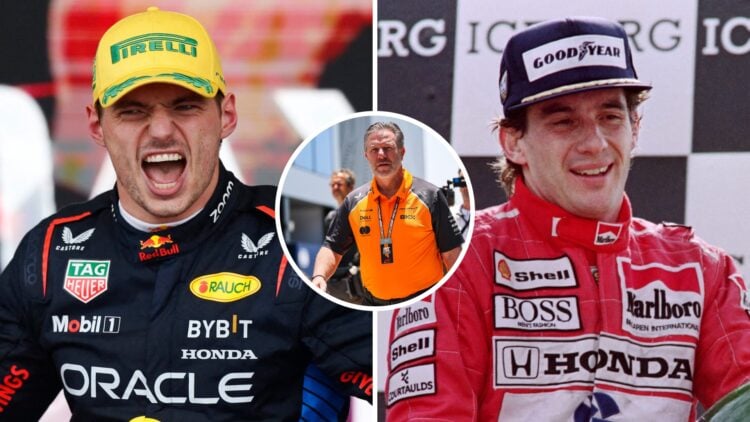 Max Verstappen after the 2024 Sao Paulo GP and Ayrton Senna after the 1991 Belgian Grand Prix with an inset of Zak Brown
