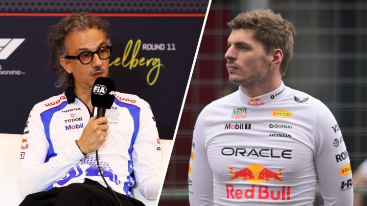 Laurent Mekies speaks in a press conference for Racing Bulls (L); Max Verstappen of Red Bull during a national anthem ceremony (R)