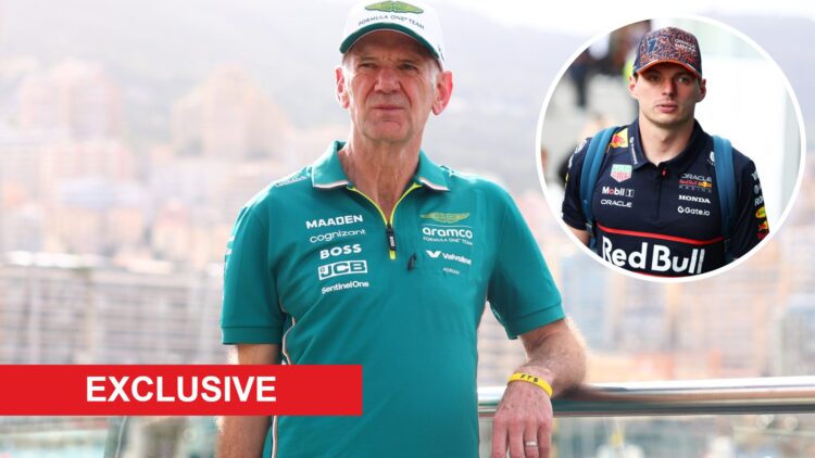 Adrian Newey of Aston Martin looks on at the Monaco Grand Prix; inset of Red Bull driver Max Verstappen