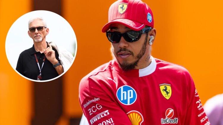 Lewis Hamilton of Ferrari walks in the F1 paddock; inset of Damon Hill