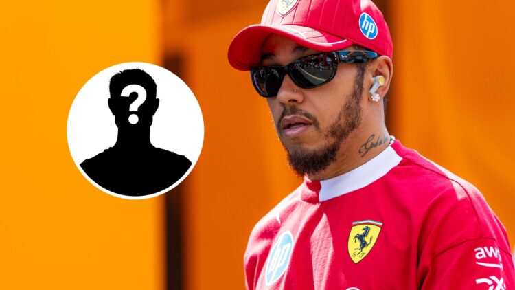 Ferrari driver Lewis Hamilton in the 2025 F1 Hungarian Grand Prix paddock with a mystery overlay image