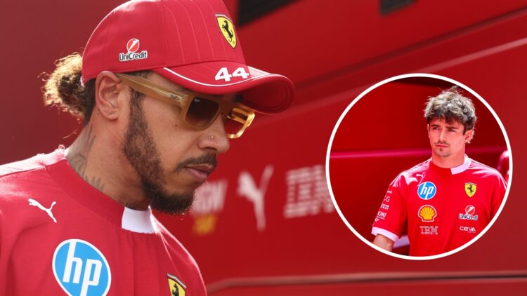 Ferrari driver Lewis Hamilton in the 2025 F1 Belgian Grand Prix paddock with an inset of Charles Leclerc