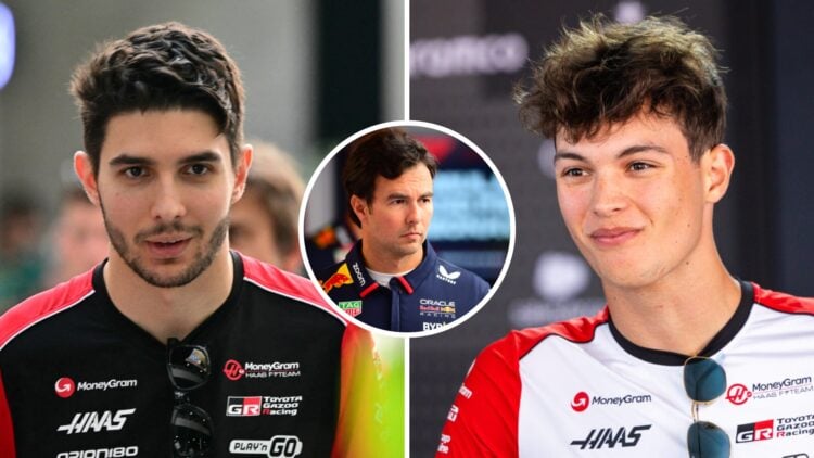 Haas driver Esteban Ocon in the 2025 F1 Saudi Arabian Grand Prix paddock and Oliver Bearman speaks to the media at Imola with an inset of Sergio Perez