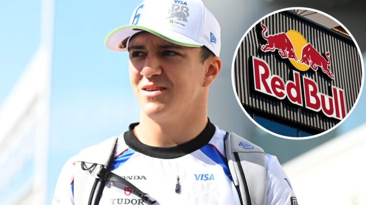 Racing Bulls driver Isack Hadjar at the 2025 F1 Canadian Grand Prix, inset Red Bull logo