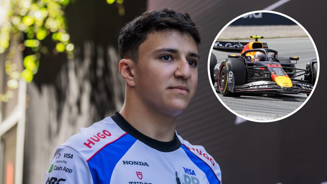 Racing Bulls driver Isack Hadjar arrives in the 2025 F1 Monaco Grand Prix paddock, inset Yuki Tsunoda