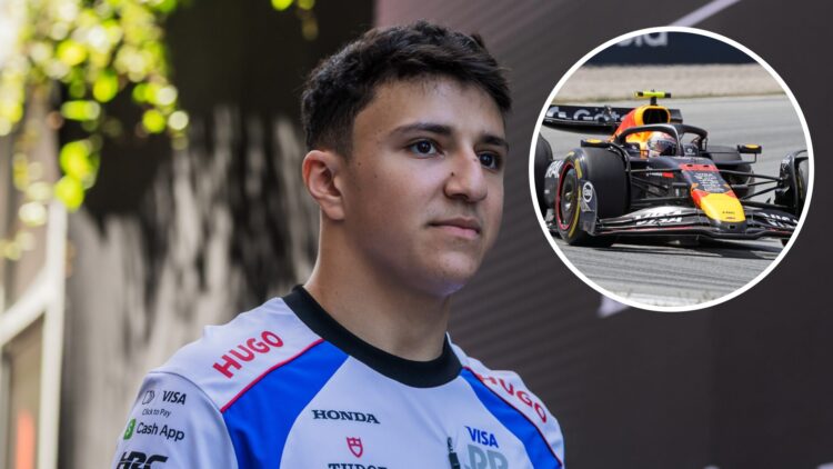 Racing Bulls driver Isack Hadjar arrives in the 2025 F1 Monaco Grand Prix paddock, inset Yuki Tsunoda