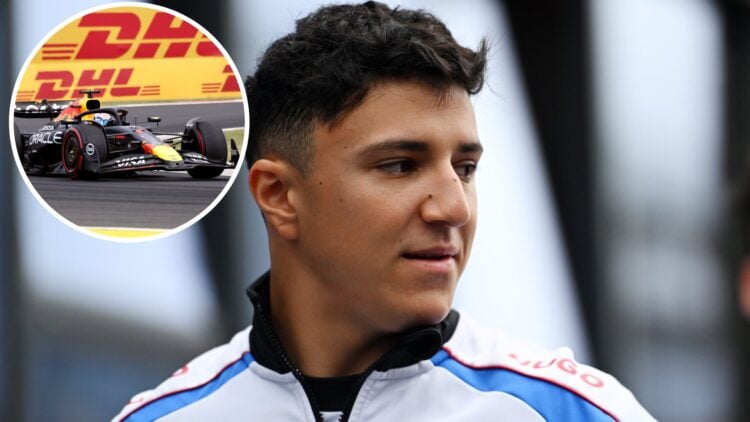 Racing Bulls driver Isack Hadjar in the 2025 F1 Hungarian Grand Prix paddock, inset Max Verstappen