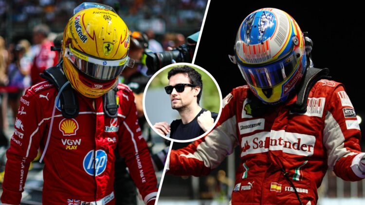 Lewis Hamilton of Ferrari prepares for an F1 race (L); Fernando Alonso celebrates a victory in 2010 (R); inset of Jolyon Palmer