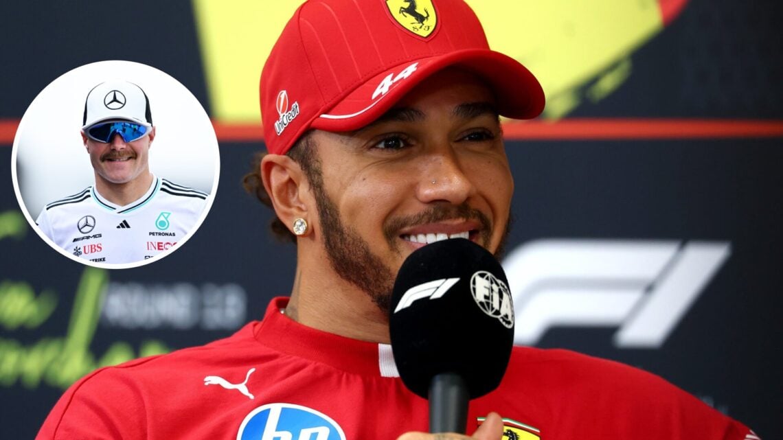 Lewis Hamilton of Ferrari smiles in a press conference; inset of Valtteri Bottas