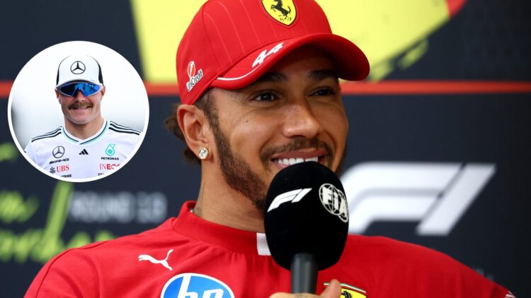 Lewis Hamilton of Ferrari smiles in a press conference; inset of Valtteri Bottas