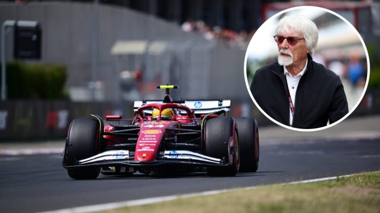Ferrari driver Lewis Hamilton on track at the 2025 Hungarian Grand Prix, inset Bernie Ecclestone