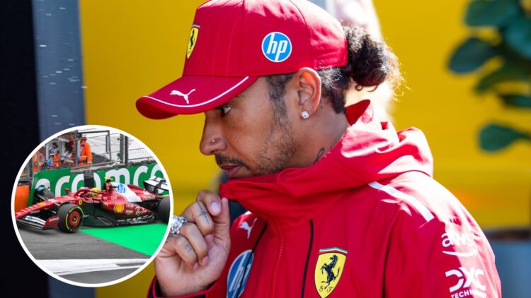 Lewis Hamilton of Ferrari in the F1 paddock at the 2025 Dutch Grand Prix, inset Lewis Hamilton crashing