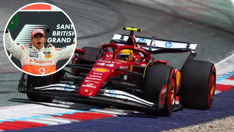Lewis Hamilton drives the Ferrari F1 car; inset of him celebrating for McLaren in 2008