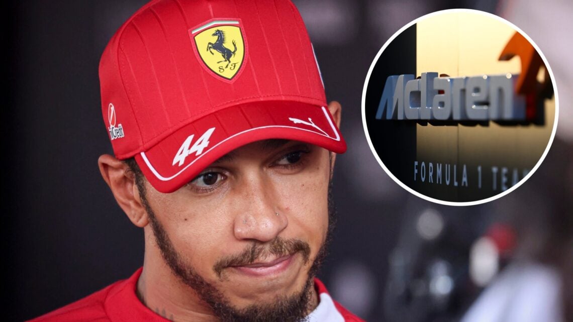 Lewis Hamilton of Ferrari at the 2025 Hungarian Grand Prix, inset McLaren logo