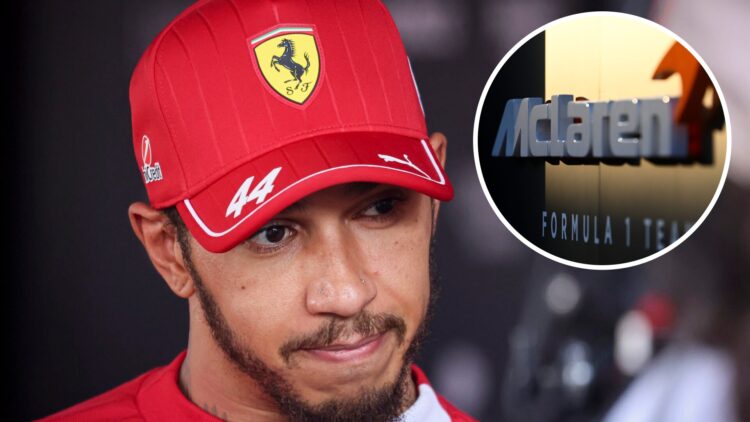 Lewis Hamilton of Ferrari at the 2025 Hungarian Grand Prix, inset McLaren logo