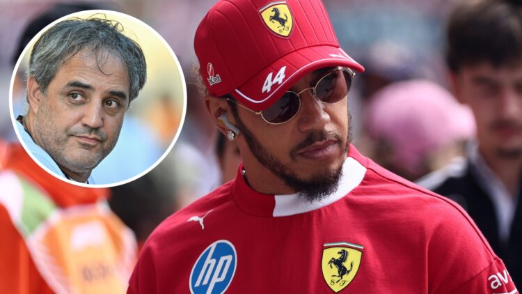 Lewis Hamilton of Ferrari pictured on the grid before the 2025 Hungarian Grand Prix, inset Juan Pablo Montoya