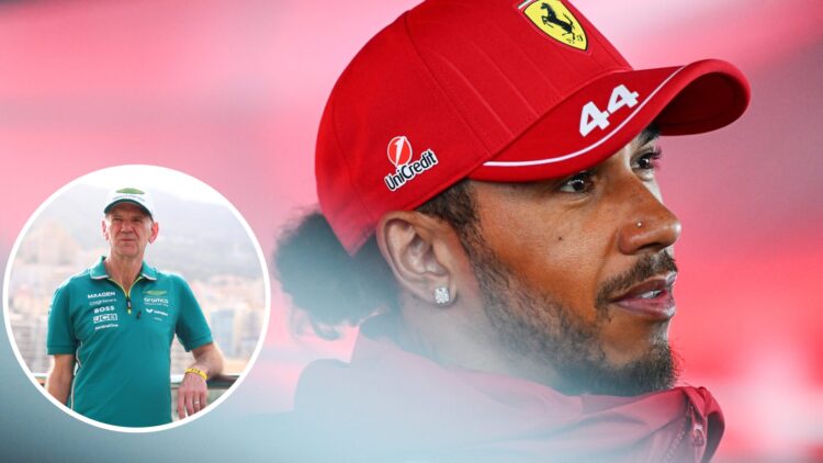 Lewis Hamilton of Ferrari speaks in an interview; inset of Aston Martin designer Adrian Newey