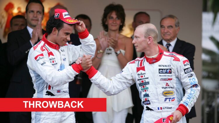 Lewis Hamilton shakes hands with GP2 teammate Alexandre Premat on the Monaco podium in 2006