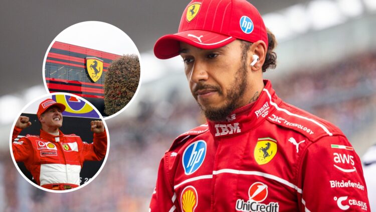 Lewis Hamilton of Ferrari looks dejected after an F1 session; insets of Michael Schumacher and the Maranello factory