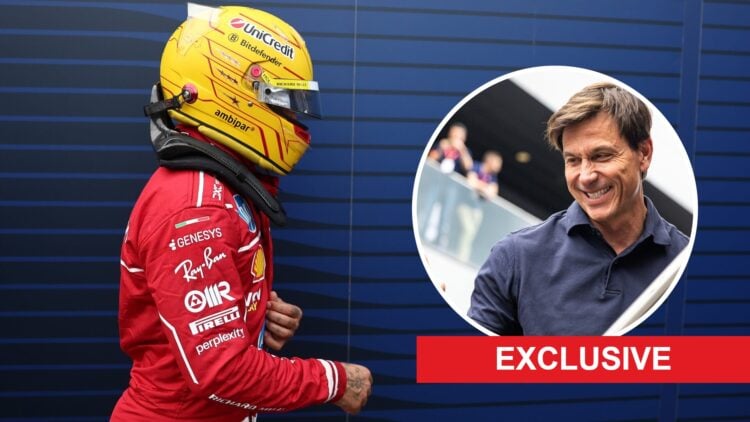 Lewis Hamilton of Ferrari walks in the F1 paddock wearing his helmet; inset of Mercedes boss Toto Wolff giving a thumbs up