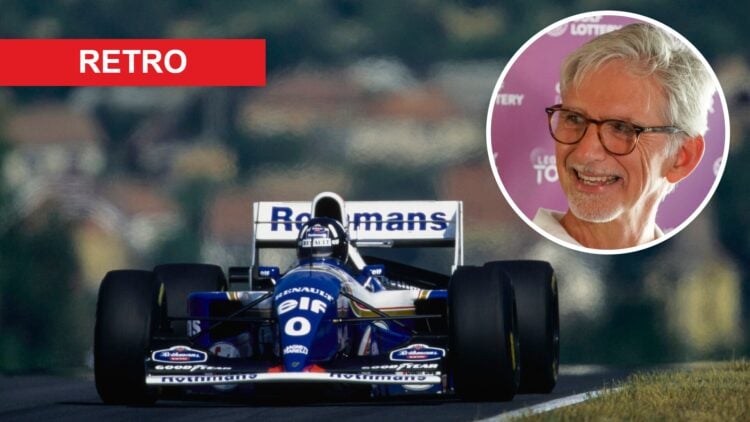 Damon Hill of Williams during the 1994 Hungarian Grand Prix, inset Damon Hill, with a Retro banner