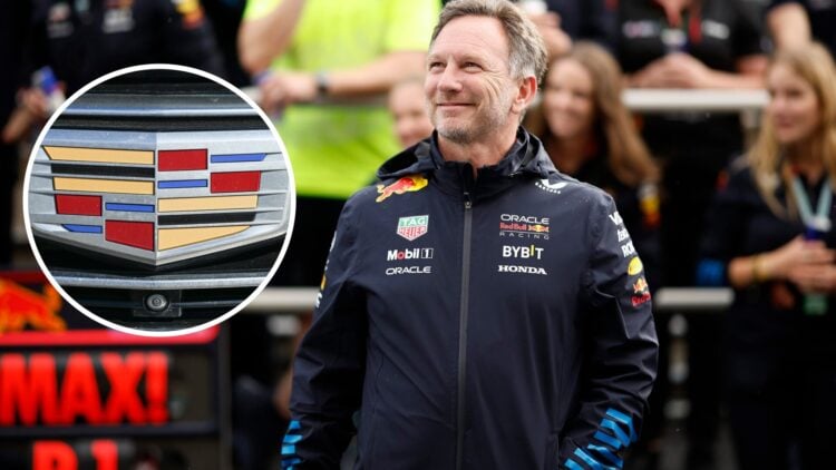 Christian Horner smiles in the F1 pit lane during his time at Red Bull; inset of the Cadillac logo