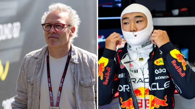Jacques Villeneuve (left) at the Emilia Romagna Grand Prix, Red Bull Racing driver Yuki Tsunoda (right) at the 2025 Formula 1 Dutch Grand Prix