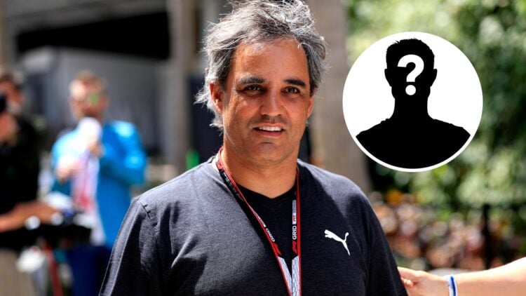 Juan Pablo Montoya walking through the F1 paddock with a mystery overlay image