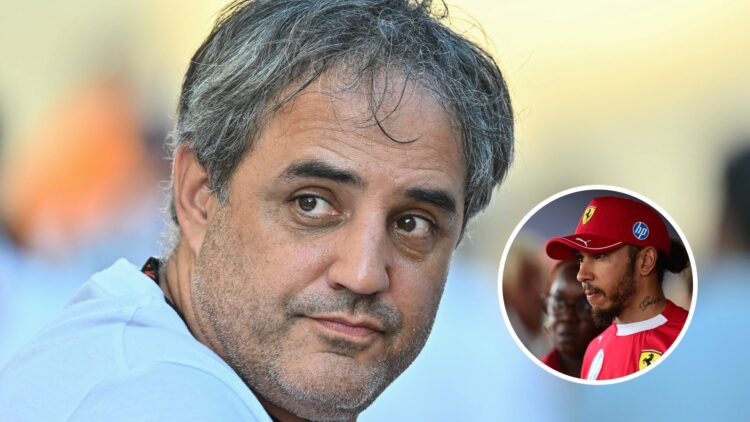 Juan Pablo Montoya in the F1 paddock with Lewis Hamilton talking to media in the overlay image