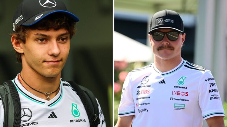 Mercedes driver Kimi Antonelli (left) and reserve driver Valtteri Bottas (right) at the 2025 Hungarian Grand Prix