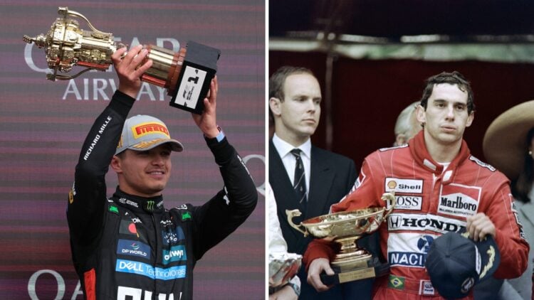 McLaren driver Lando Norris winning the 2025 British Grand Prix, Ayrton Senna winning the 1989 Monaco Grand Prix