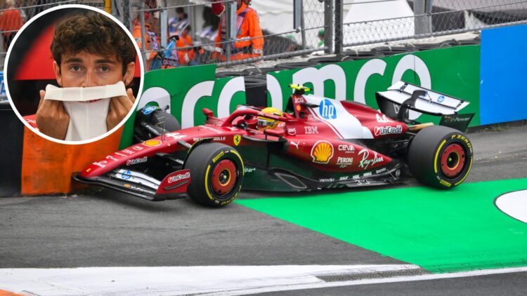 Lewis Hamilton crashes his Ferrari F1 car; inset of Charles Leclerc