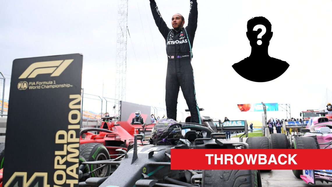 Lewis Hamilton celebrating his seventh world championship atop his car at the 2020 Turkish Grand Prix