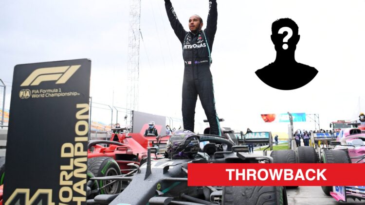 Lewis Hamilton celebrating his seventh world championship atop his car at the 2020 Turkish Grand Prix