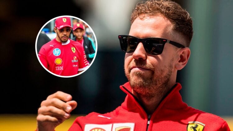 Sebastian Vettel walking through the paddock in Ferrari gear with Lewis Hamilton doing the same in the overlay image