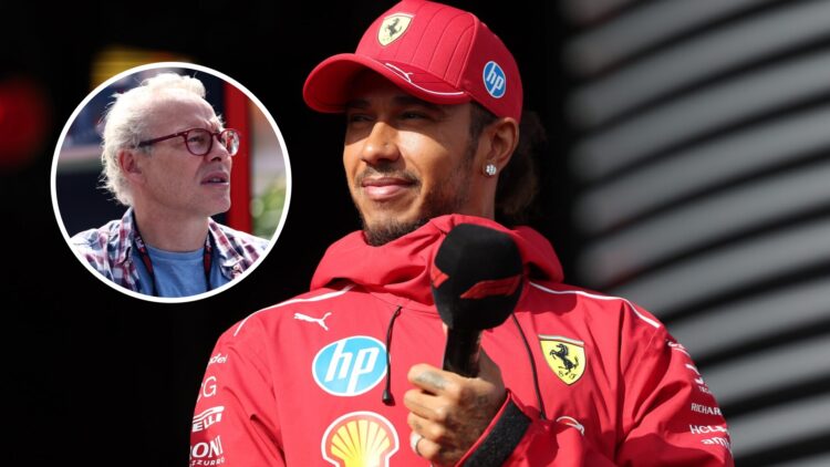 Ferrari driver Lewis Hamilton being interviewed at the 2025 Formula 1 Dutch Grand Prix, inset, Jacques Villeneuve