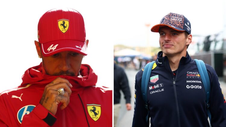 Lewis Hamilton of Ferrari and Max Verstappen of Red Bull Racing at the 2025 Dutch Grand Prix