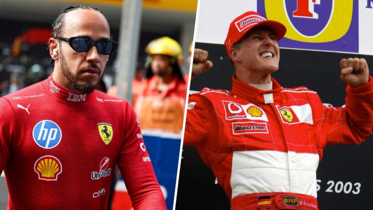 Ferrari driver Lewis Hamilton at the 2025 Chinese Grand Prix, Ferrari driver Michael Schumacher at the 2003 Malaysian Grand Prix