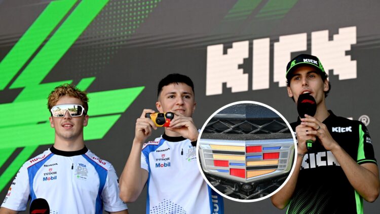 Racing Bulls drivers Liam Lawson and Isack Hadjar and Sauber driver Gabriel Bortoleto on stage at an F1 event, inset, Cadillac badge