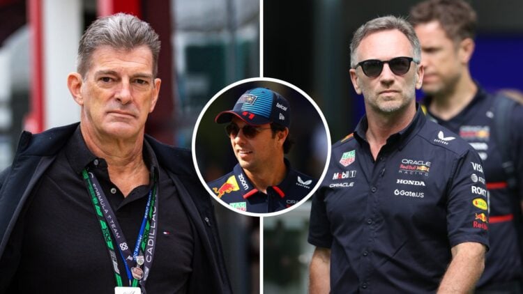 Graeme Lowdon of Cadillac walks in the F1 paddock (L); Christian Horner looks on (R); inset of Sergio Perez
