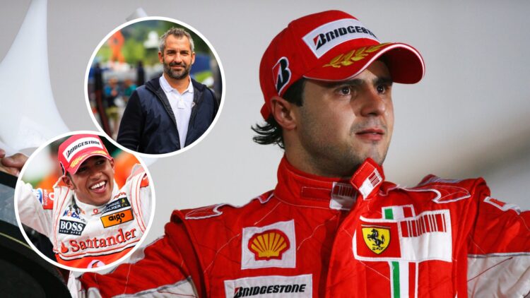 Felipe Massa on the podium after winning the 2008 Brazilian Grand Prix, insets Timo Glock and Lewis Hamilton