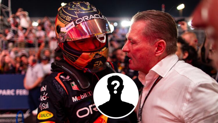 Max Verstappen and Jos Verstappen talking in parc ferme with a mystery image overlay