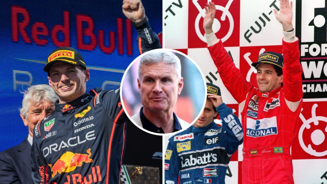 Red Bull driver Max Verstappen celebrating at the 2025 Emilia Romagna Grand Prix, Ayrton Senna celebrating at the 1993 Japanese Grand Prix, inset, ...
