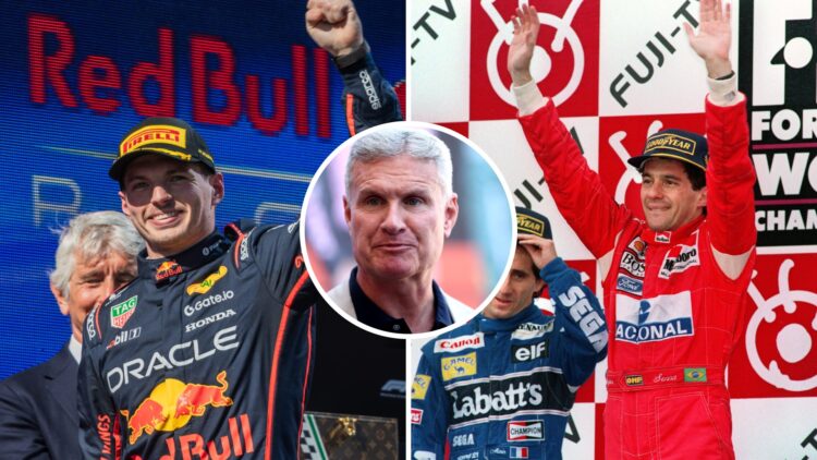 Red Bull driver Max Verstappen celebrating at the 2025 Emilia Romagna Grand Prix, Ayrton Senna celebrating at the 1993 Japanese Grand Prix, inset, ...