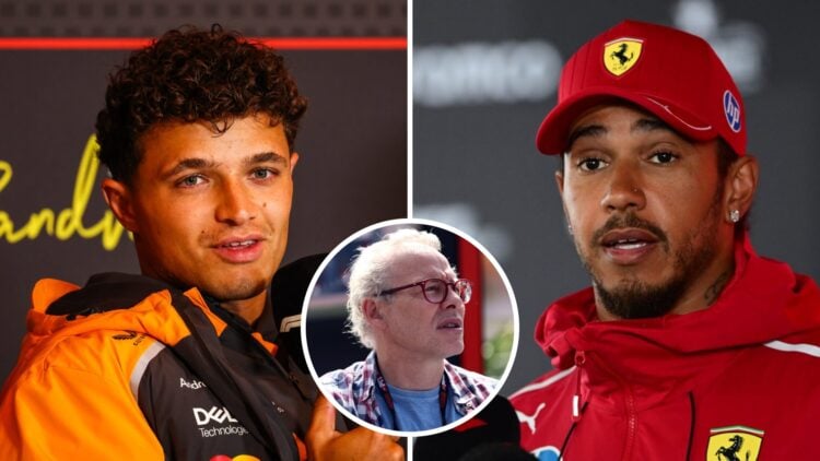 McLaren driver Lando Norris and Ferrari driver Lewis Hamilton talking to the media ahead of the 2025 F1 Dutch Grand Prix with an inset of Jacques V...